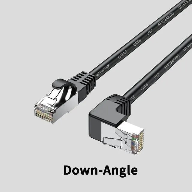 Cat6 Ethernet cable with a right-angle metal RJ45 connector in black, showing its low-profile design.
