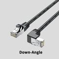 Cat6 Ethernet cable with a right-angle metal RJ45 connector in black, showing its low-profile design.