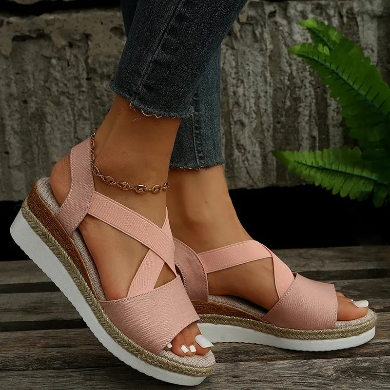 Women's cross-strap wedge platform sandals with hemp heel in beige with cloth upper and rubber sole