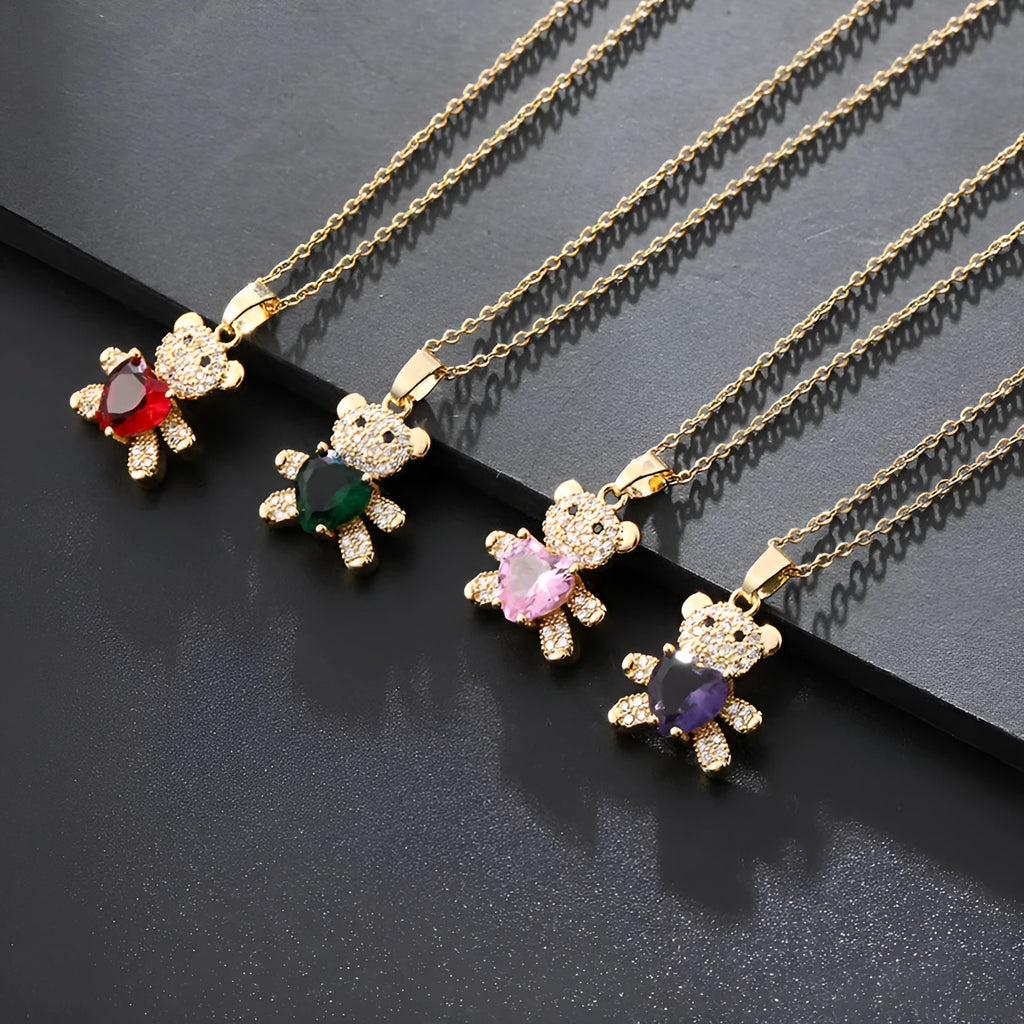 Copper bear necklace with micro inlaid zircon and love gem, 41-50cm chain, six colour options