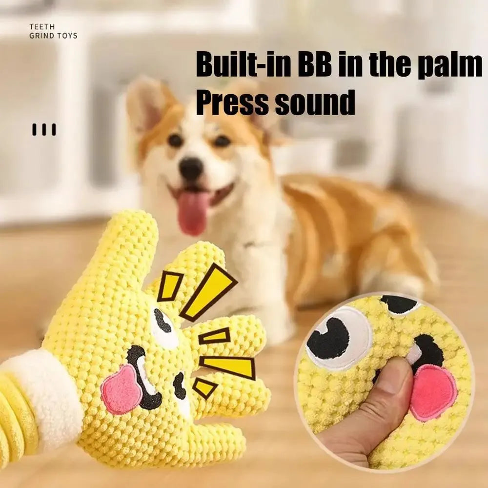 Yellow palm-shaped squeaky plush dog teething toy with bite-resistant fabric for puppy chewing relief
