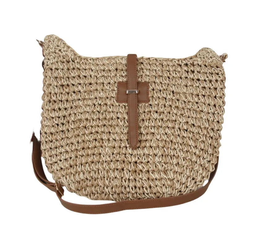 Beige handmade woven shoulder bag with sandwich pocket construction and sewing thread detailing