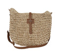 Beige handmade woven shoulder bag with sandwich pocket construction and sewing thread detailing