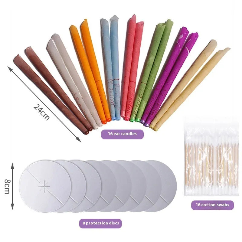 16-piece ear candle health massage kit with protection boards and cotton swabs in assorted colours.