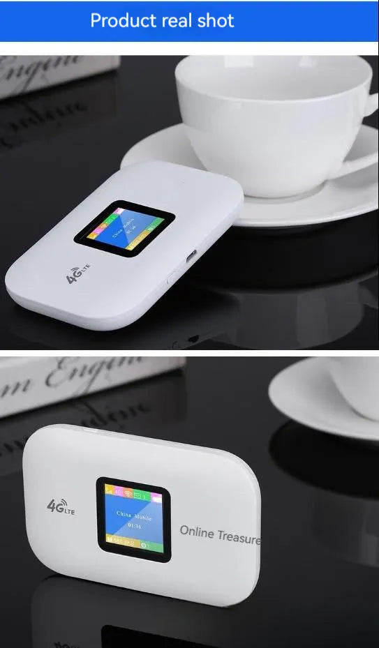 Beige 4G portable Wi-Fi router with SIM slot, measuring 100x63.5x146mm, on a white background