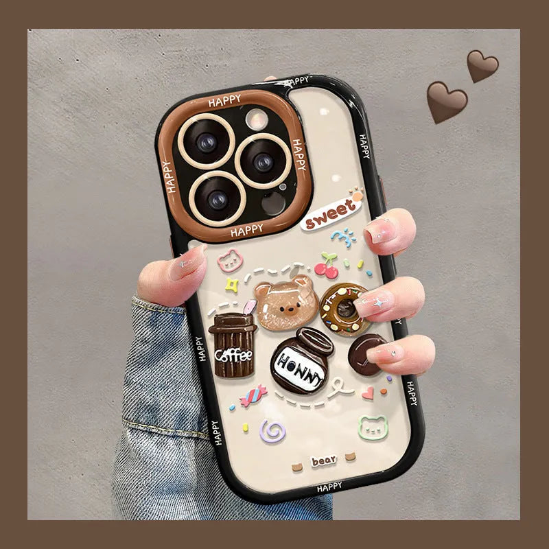 Coffee bear 3D doll pendant drop-resistant silicone phone case for Apple iPhone in cream black