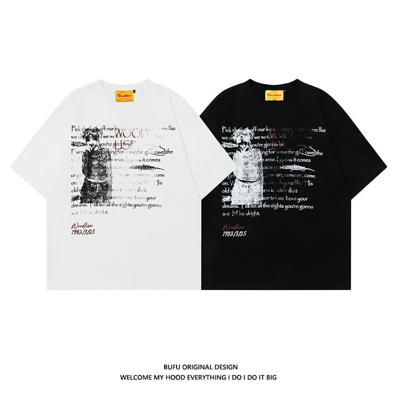 Men's black pure cotton loose fit t-shirt with white printed letter pattern and short raglan sleeves