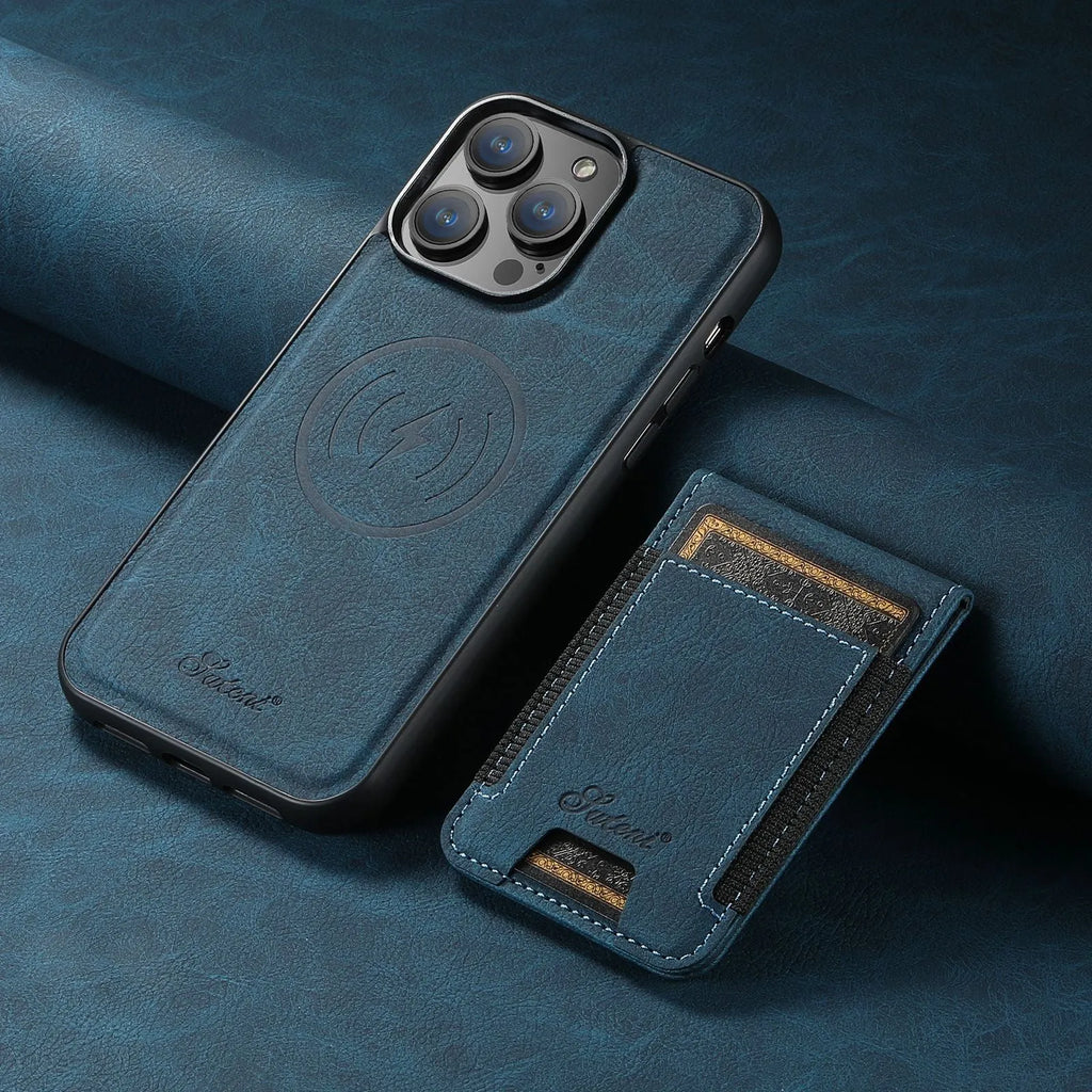 Handmade PU TPU plug-in card phone case with bracket and magnetic suction in lychee black finish