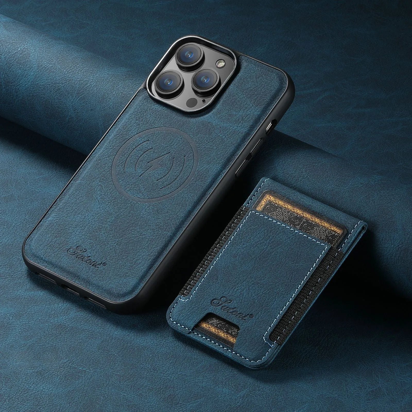 Handmade PU TPU plug-in card phone case with bracket and magnetic suction in lychee black finish