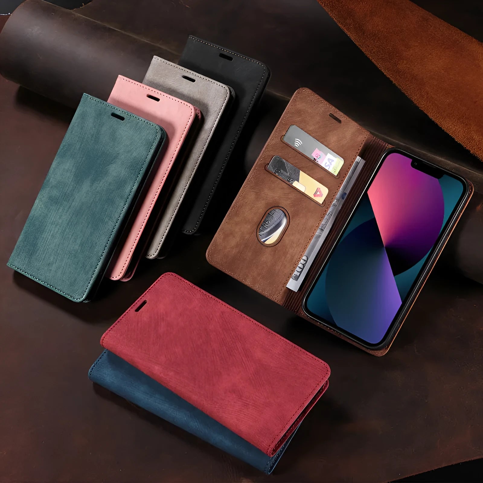 Magnetic flip phone case for iPhone in multiple colours showing front flap closed.