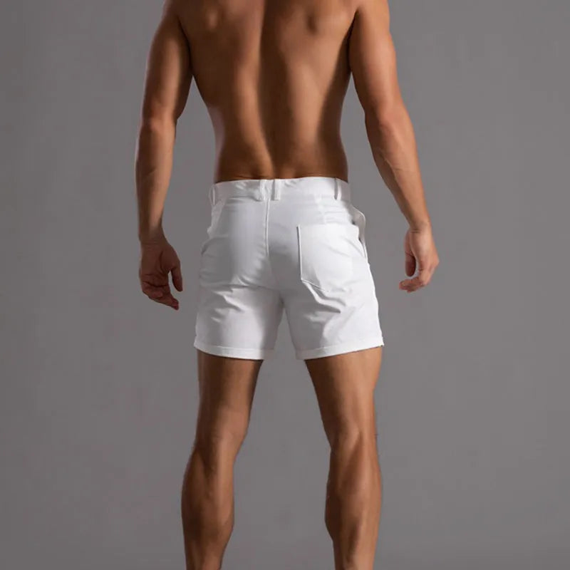 Men's cotton summer button beach shorts with pockets, straight leg, in army green colour option