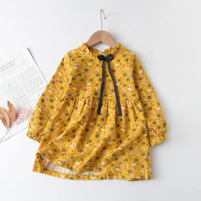 Little floral cotton girls' ribbon bowknot dress in pink, long sleeves, princess style for heights 90-150cm