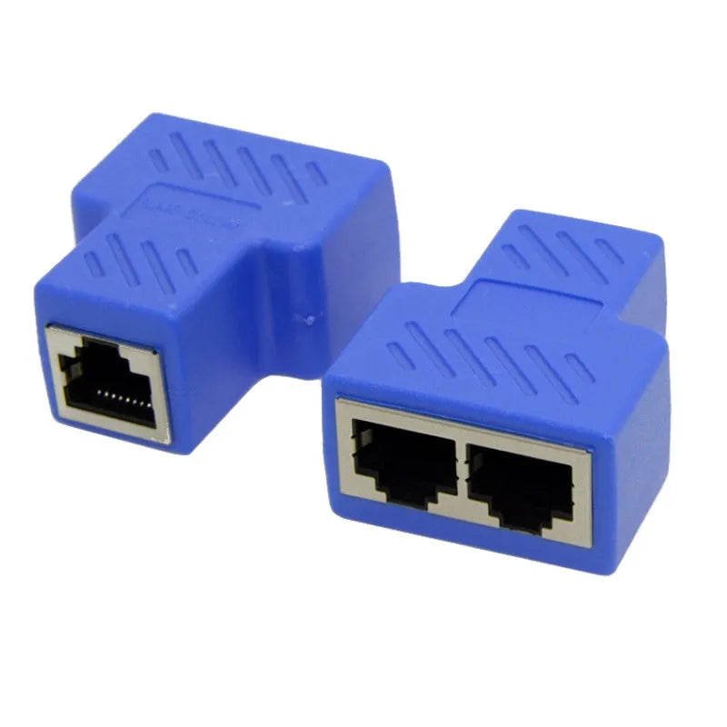 RJ45 network cable splitter with three-way tee connector in multiple colour options