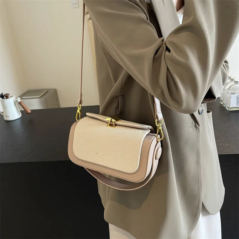 Women's square PU messenger bag in beige with contrast stitching and a single shoulder strap.