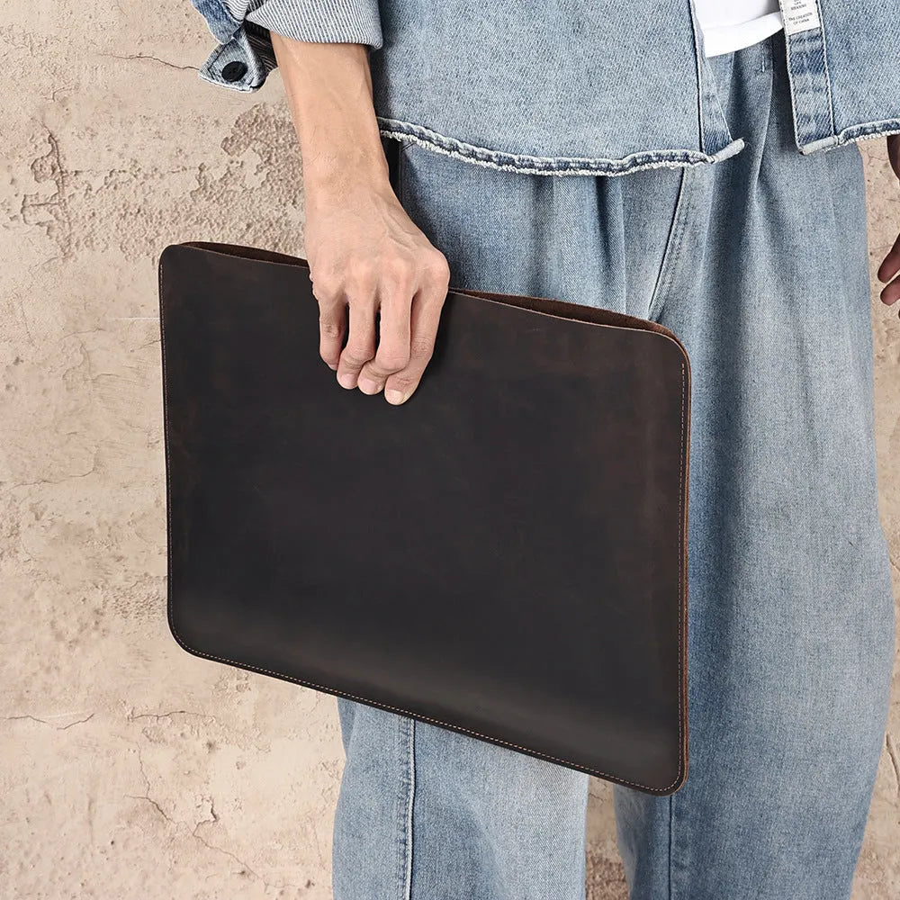Genuine crazy horse leather computer bag with horizontal liner organiser in brown colour