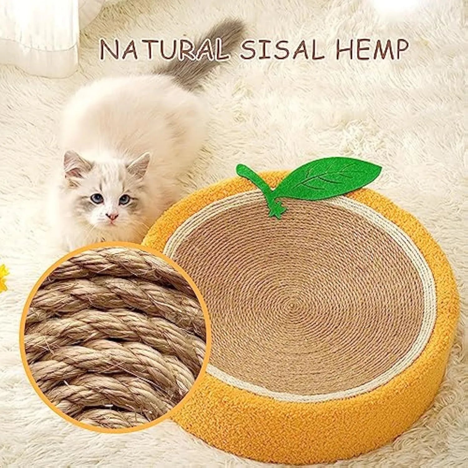 Yellow round sisal cat scratching board with concave centre for small breed cats