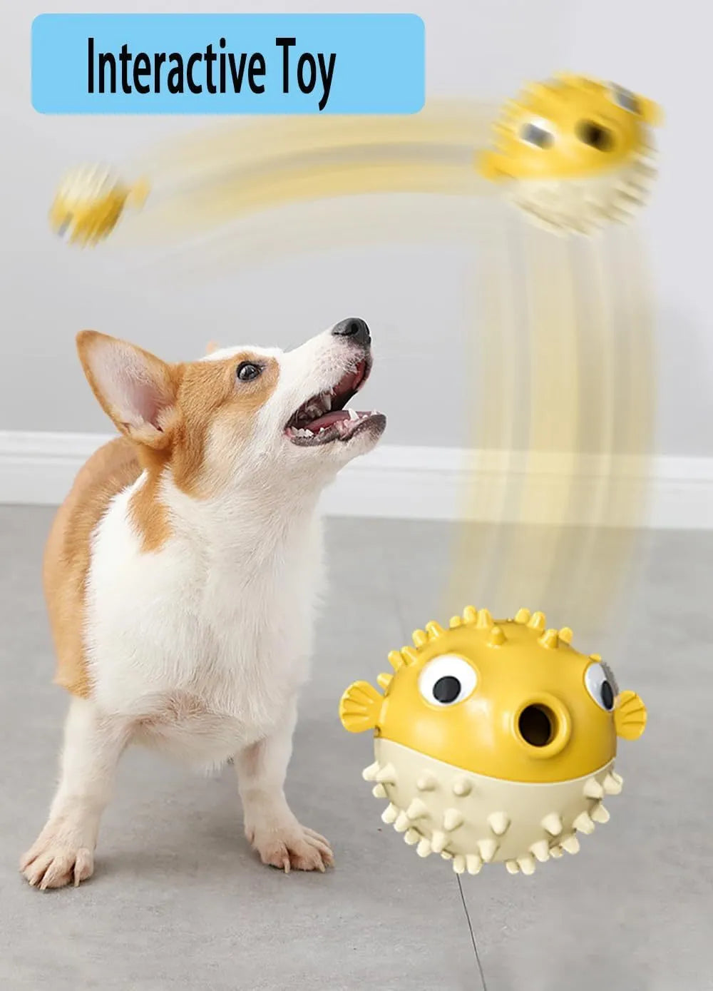 Green fish-shaped interactive dog toy with treat dispensing opening and textured surface for medium and large dogs