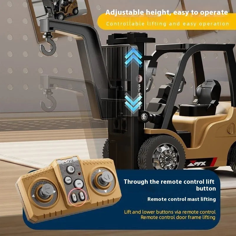 Blue alloy forklift remote control car with cargo accessories on pallet