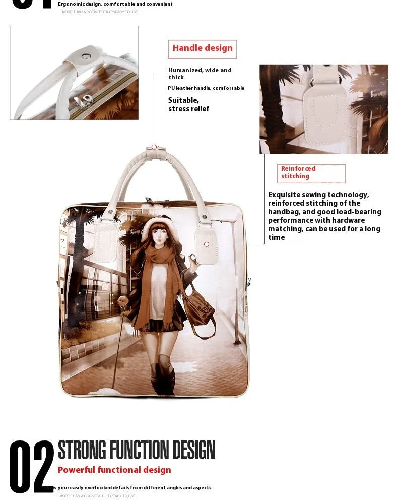 Medium sized cartoon cute square vertical travel handbag in PU leather with three-dimensional pocket