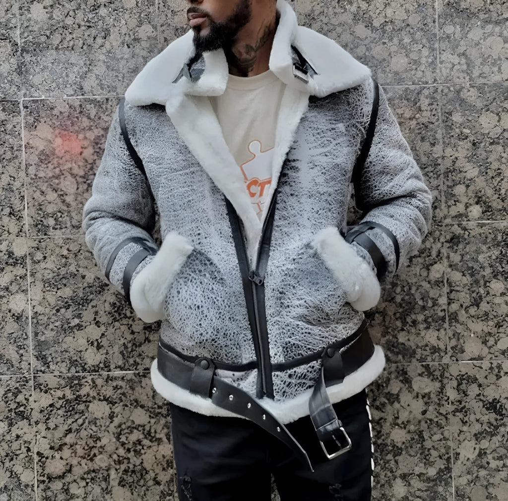 Men's grey padded jacket with large faux fur collar, zip front, and loose fit, sizes S to 5XL