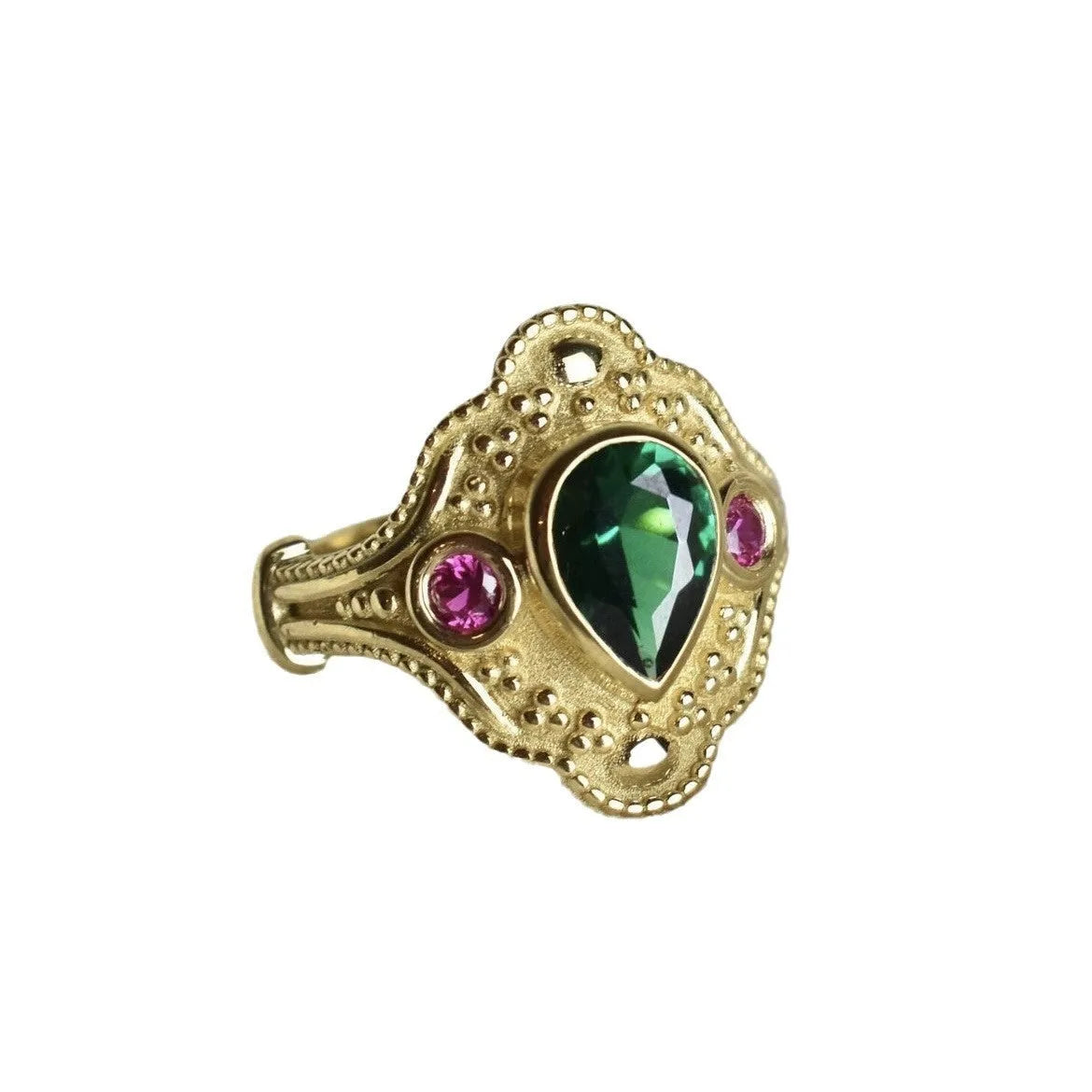 Golden geometric ins style women's alloy ring on a white background showing its electroplated finish.