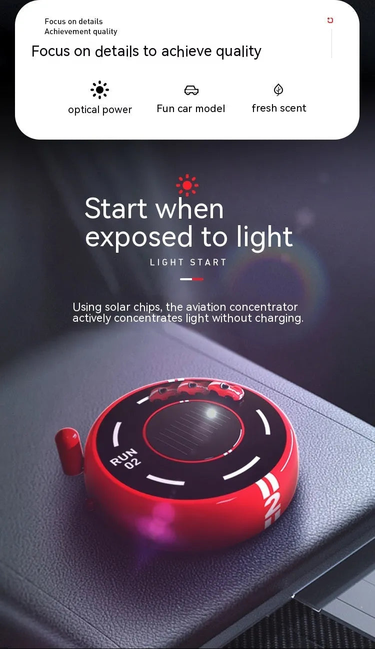 Solar-powered round car-shaped perfume diffuser with USB charging port in black, red, or white