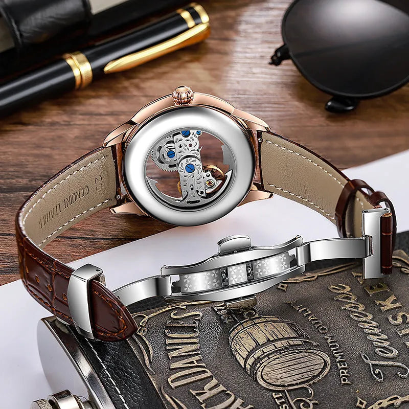 Men's luxury mechanical watch with waterproof feature showing choice of leather and steel straps in three colours