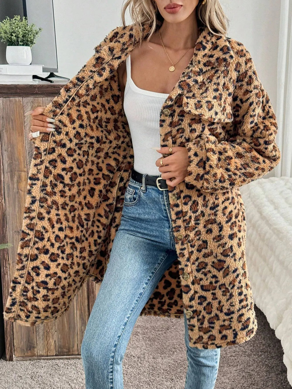 Women's double-sided plush cardigan long coat in dark brown animal pattern, long sleeves, sizes S-XL.