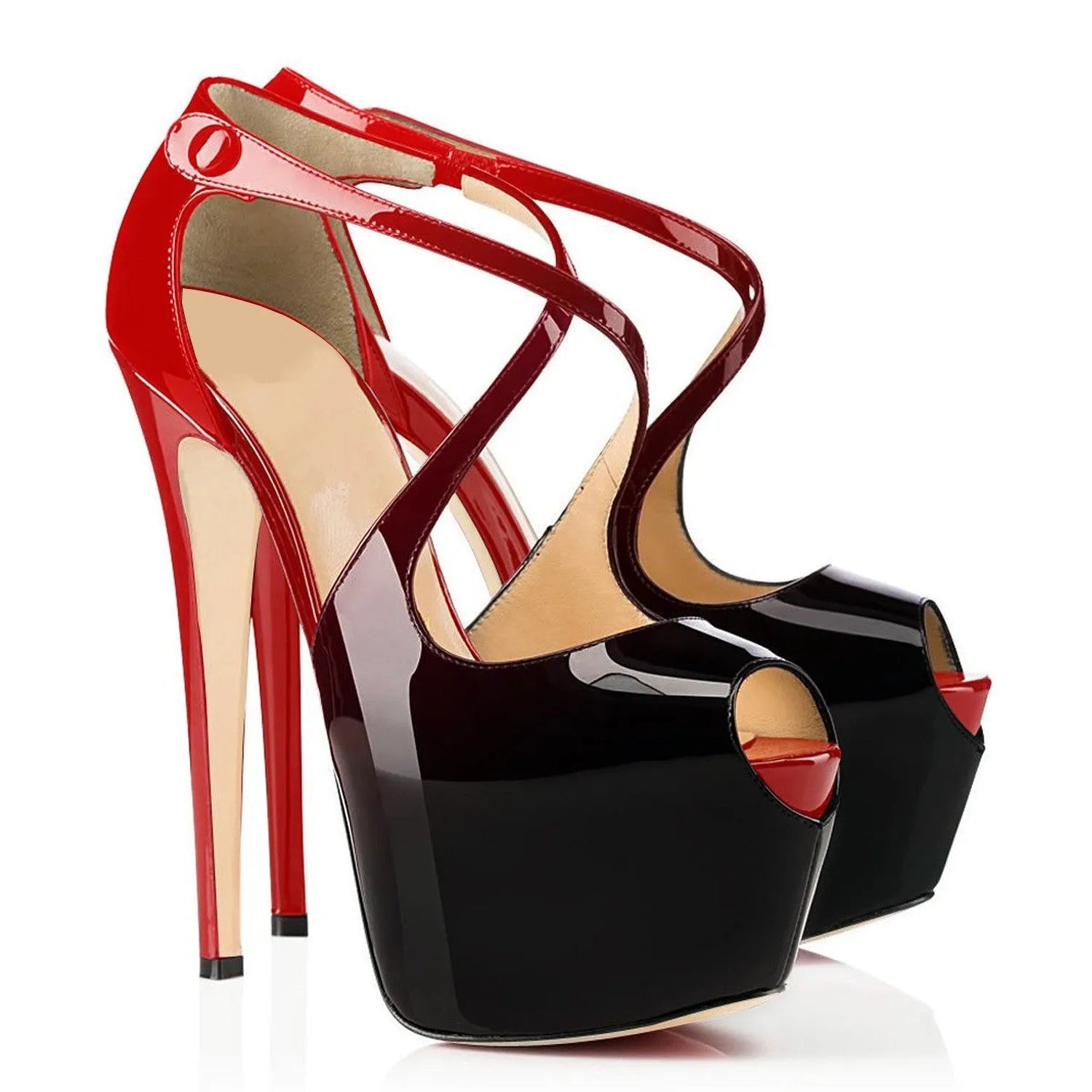 Black and red peep toe women's high heels with cross straps and super high 8cm+ rubber soles
