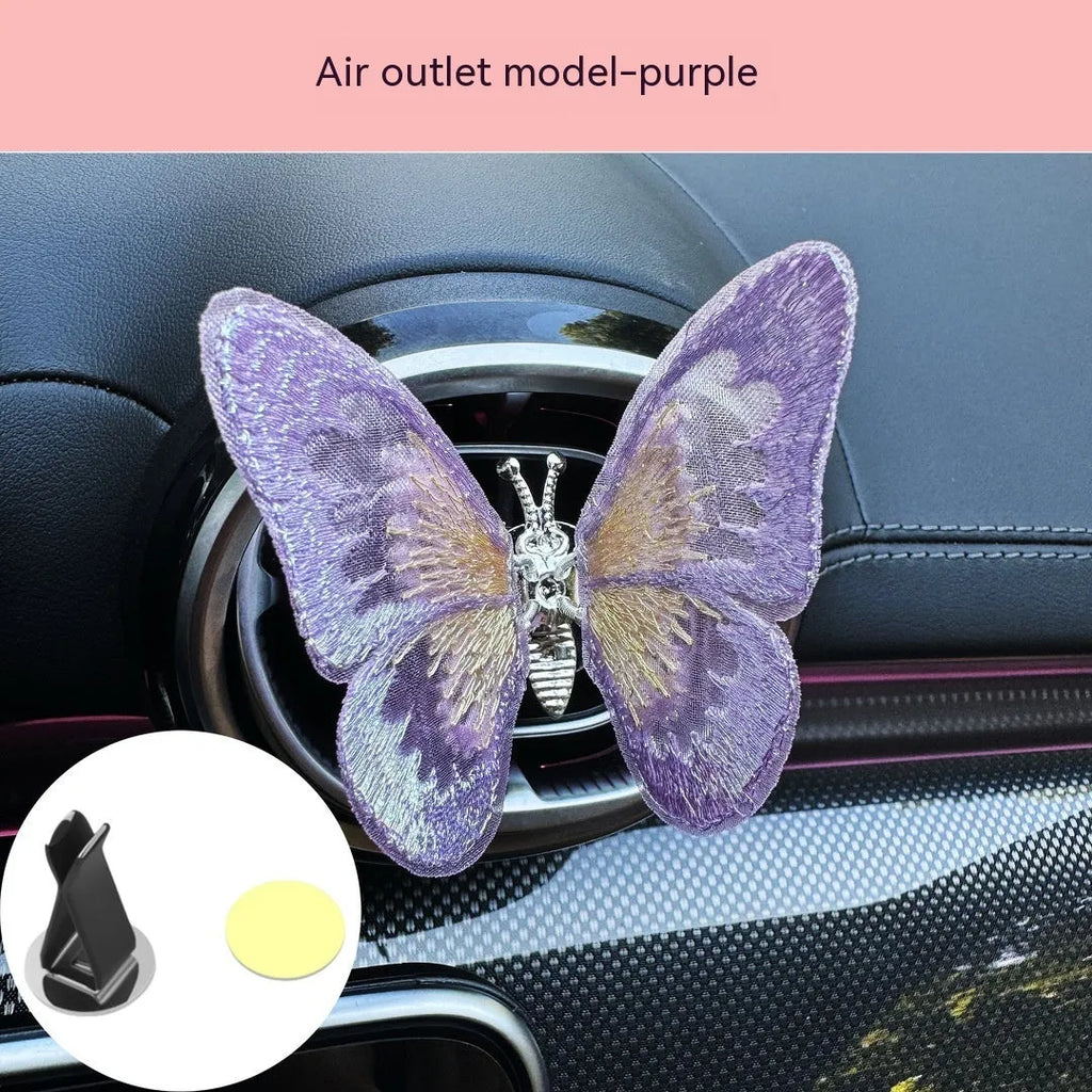 Soft fabric embroidered butterfly car interior decoration for air vents or centre console in multiple colours.