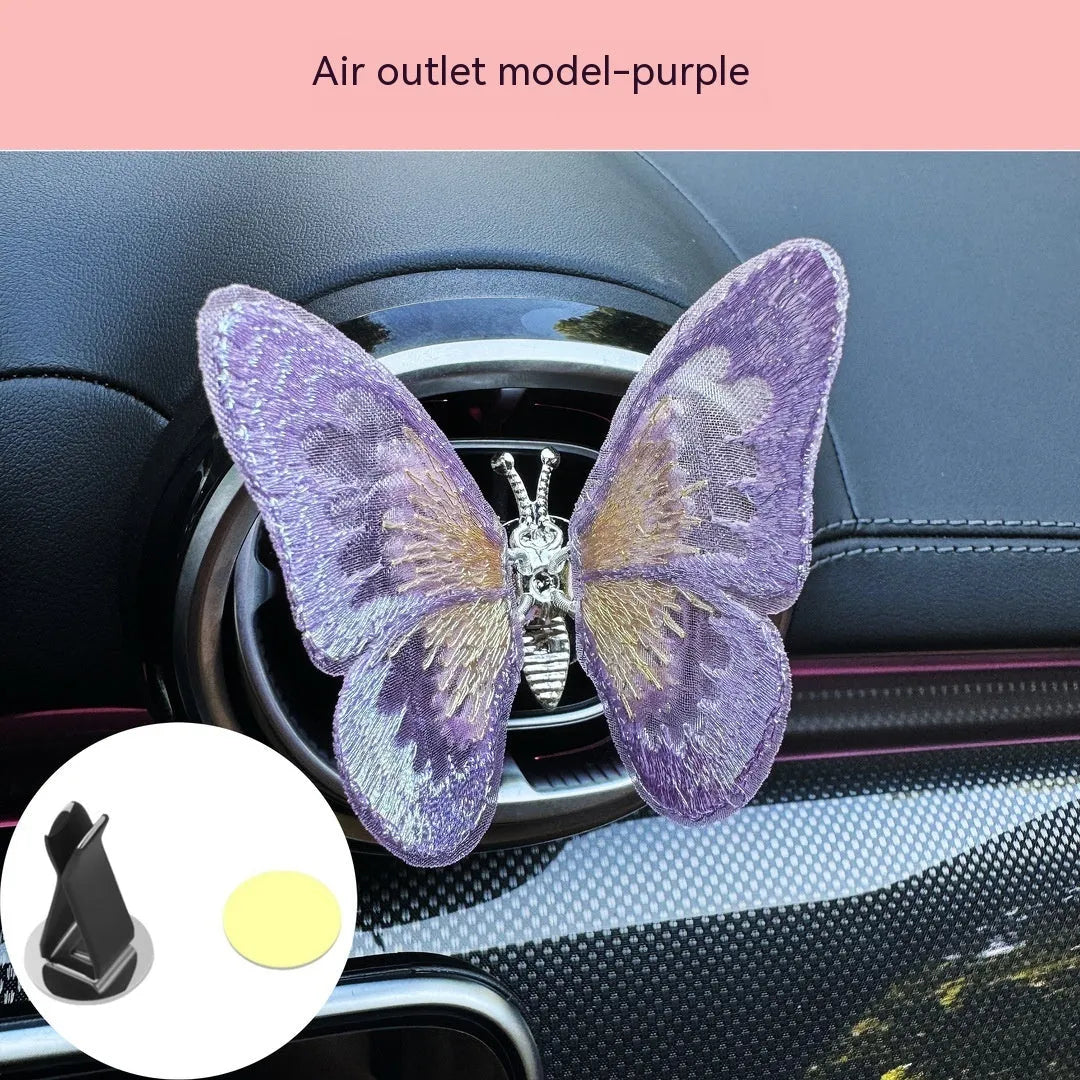 Soft fabric embroidered butterfly car interior decoration for air vents or centre console in multiple colours.
