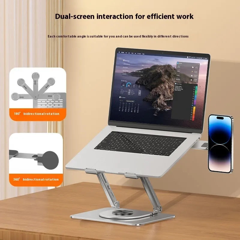 Silver carbon steel laptop stand with rotating platform and side-mounted magnetic phone holder