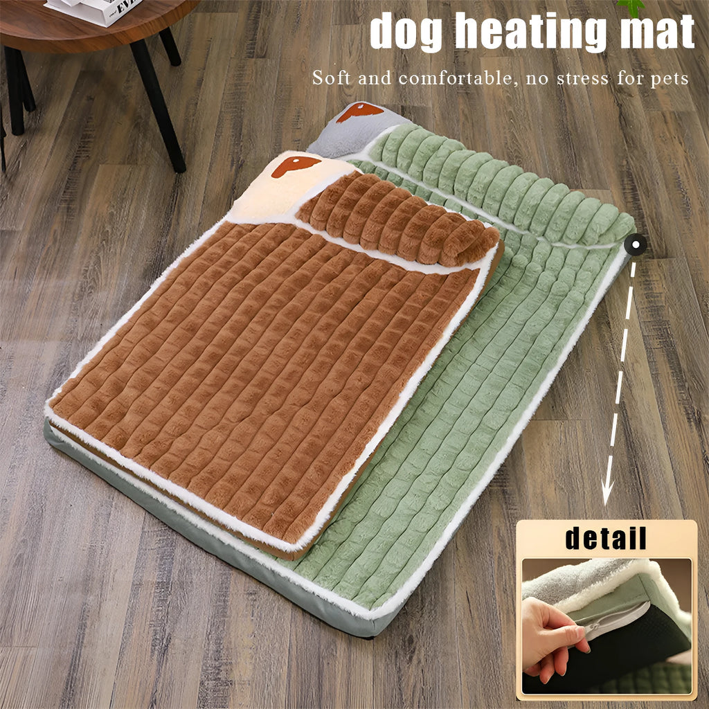 Removable winter warm pet pad in coffee, grey, or green, available in M, L, XL, and 3XL sizes.
