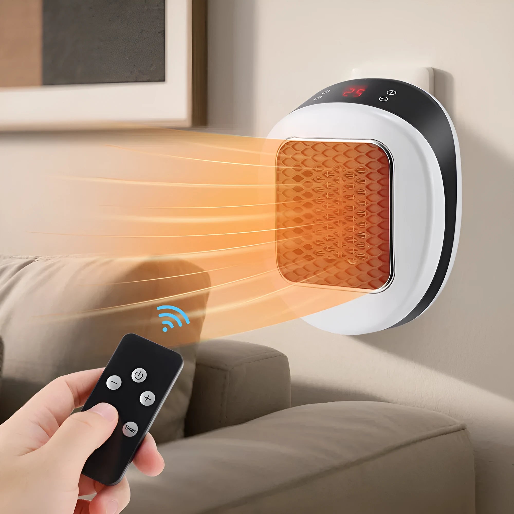 White ceramic heating electric fan heater with remote control, suitable for EU and US voltage standards