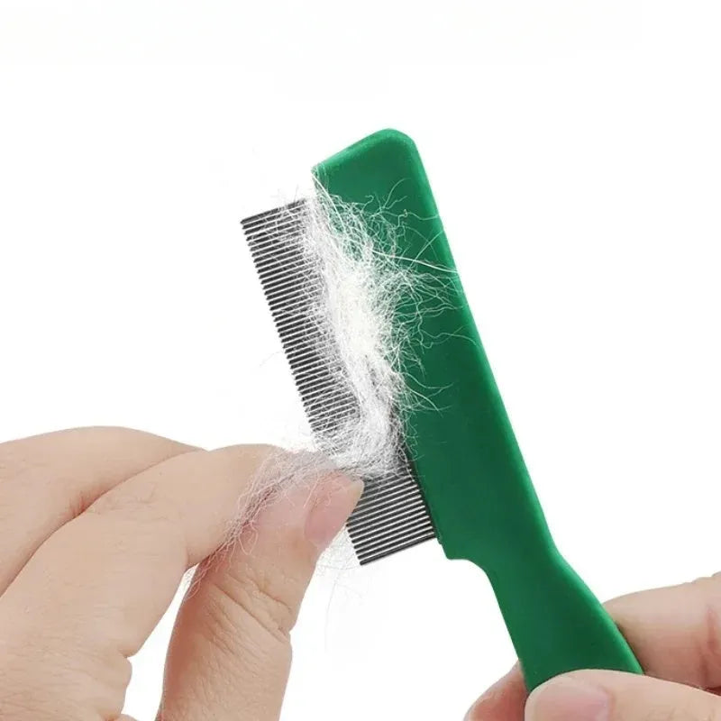 Green pet flea comb with stainless steel pins and plastic handle for dogs and cats