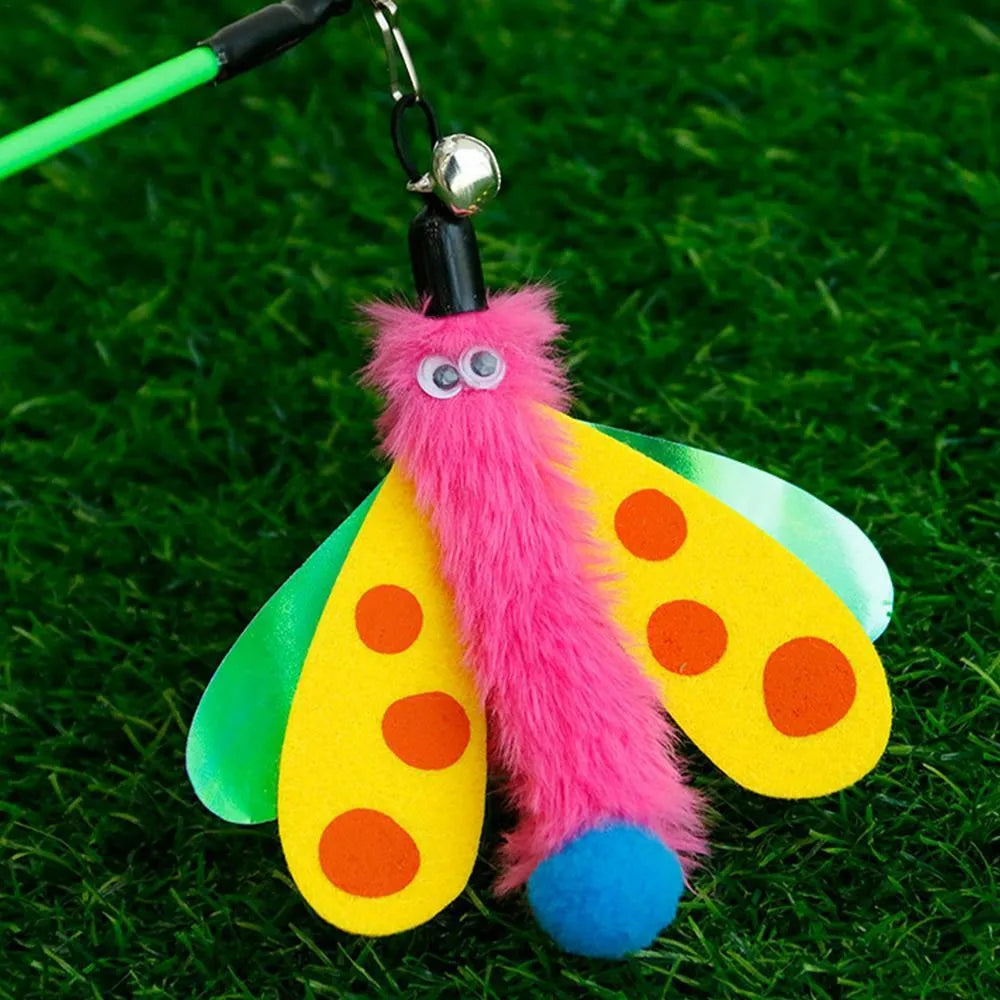 Blue cat wand toy with dragonfly attachment and bell on 49cm stick