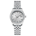 Women's quartz calendar watch with 32mm circular dial, alloy strap, and stainless steel folding buckle