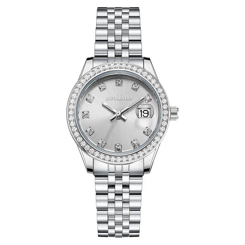 Women's quartz calendar watch with 32mm circular dial, alloy strap, and stainless steel folding buckle