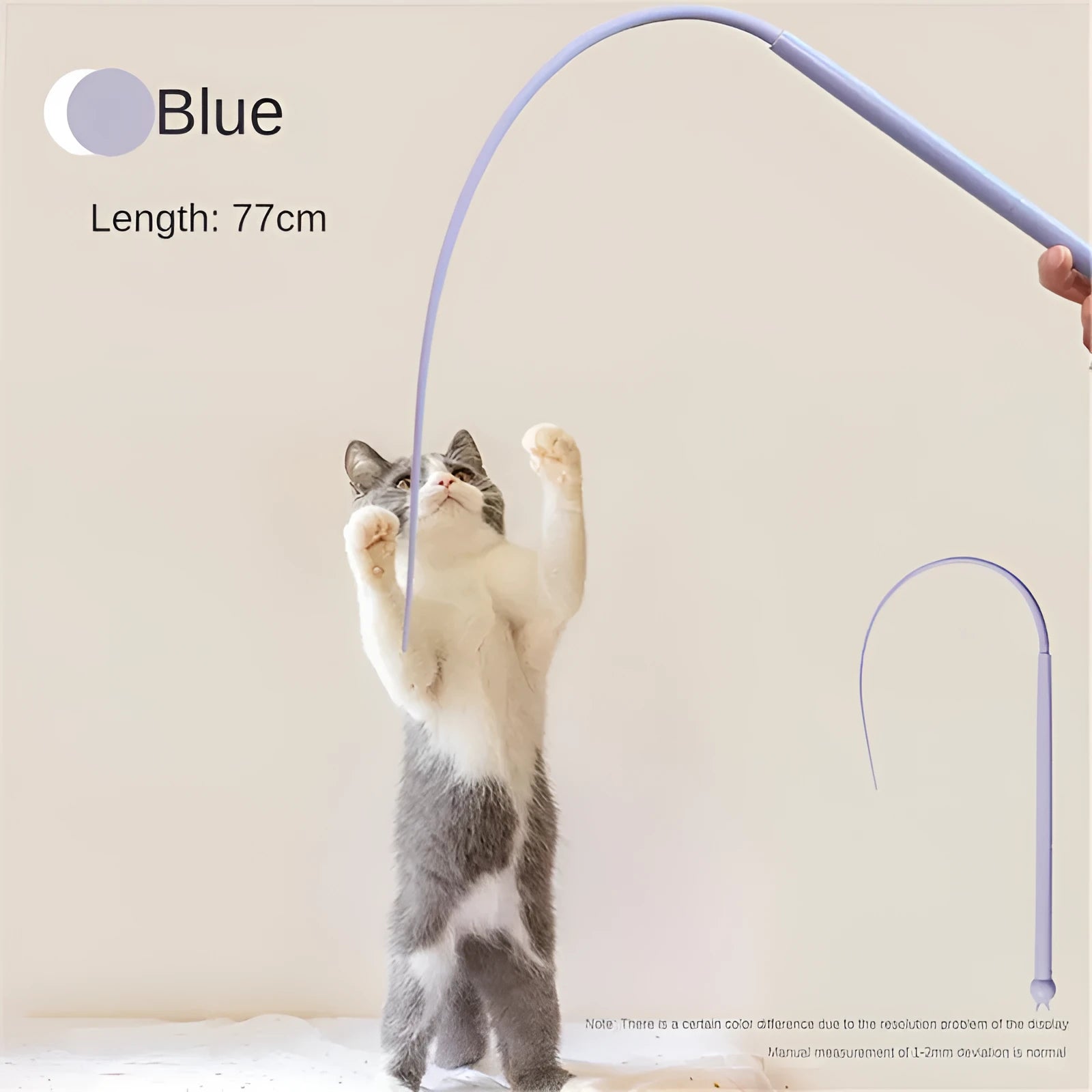 Simulated mouse tail cat teaser stick with blue silicone tail and cat head handle design