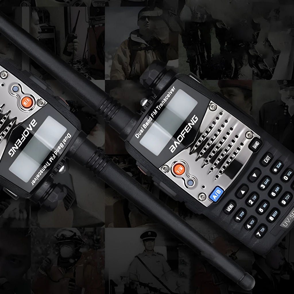 Baofeng UV-5RA dual-band radio with dual display screen showing frequencies