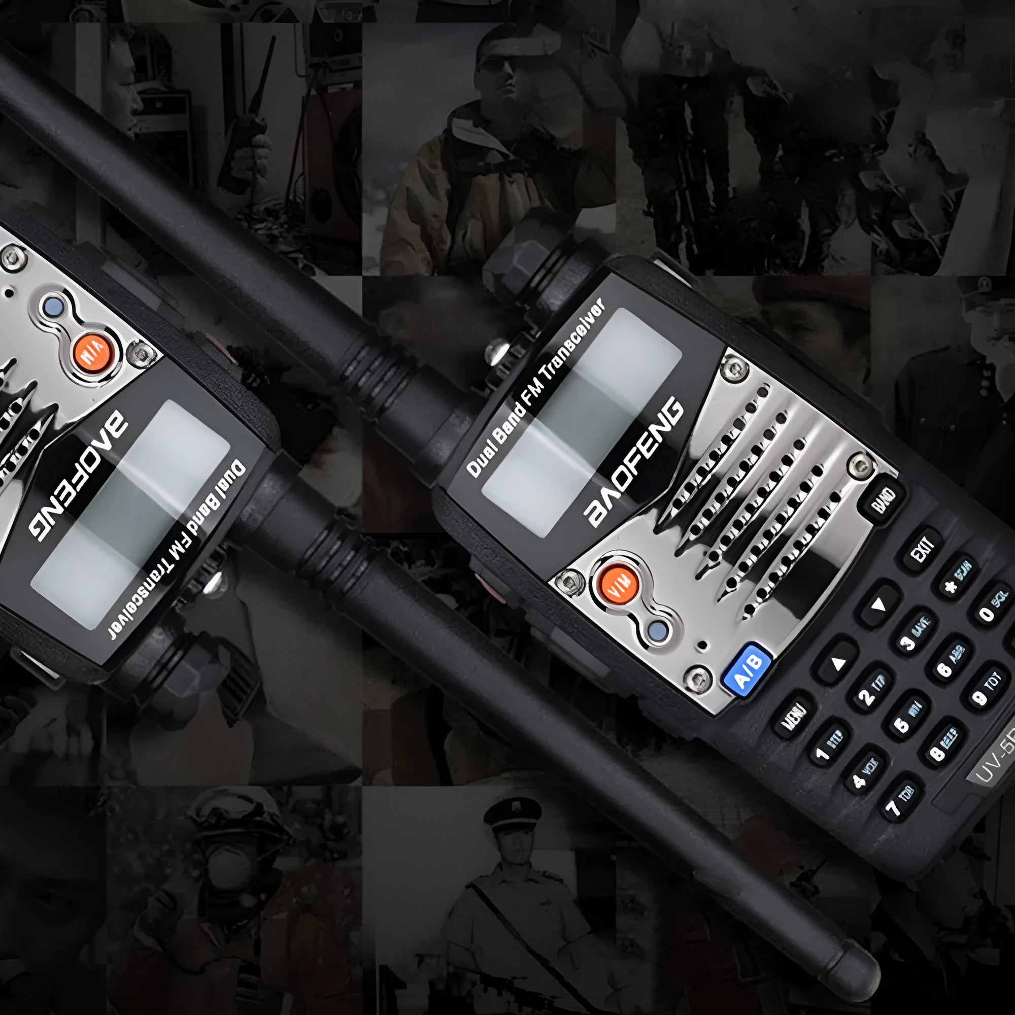 Baofeng UV-5RA dual-band radio with dual display screen showing frequencies
