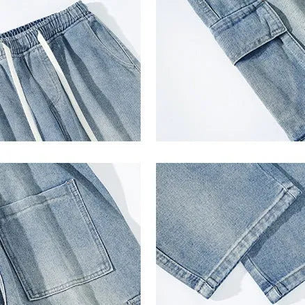 Men's cotton straight leg jeans in light blue, size M-3XL, simple workwear style for spring