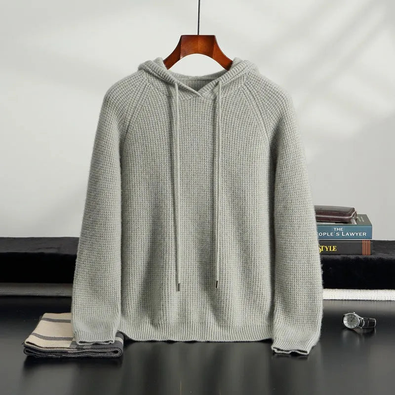 Hooded cashmere sweater, loose fit thickened winter pullover in camel, grey-green or navy blue, sizes S to XXXL