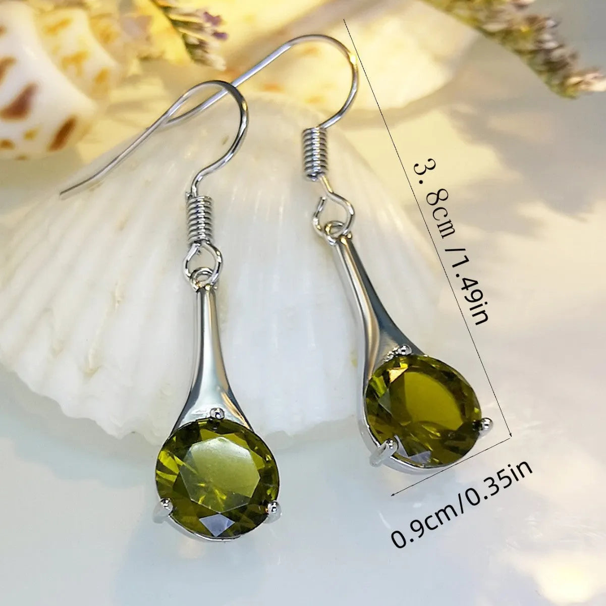 Olive green topaz drop shape earrings with minimalist design and electroplated finish