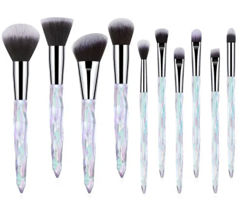 Ten crystal handle foundation brushes with artificial fibre bristles in a set, showing colour options.