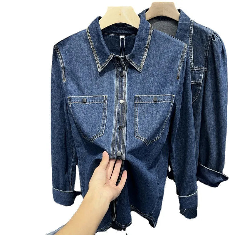 Layered retro top casual fashion long sleeve polyester denim fabric name picture colour S-2XL