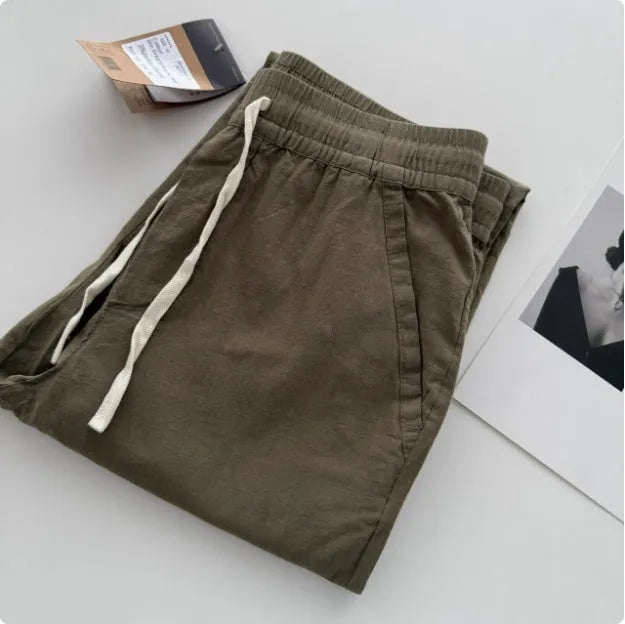 Men's loose straight casual trousers in lightweight summer fabric with drawstring waistband