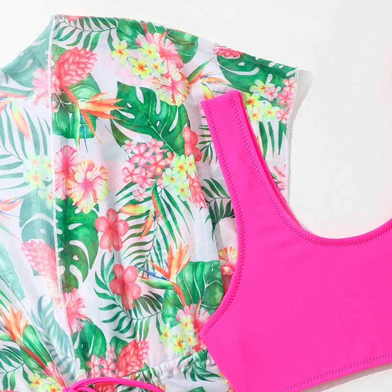 Girls' two-piece floral swimsuit in Korean style with high elasticity polyester fabric