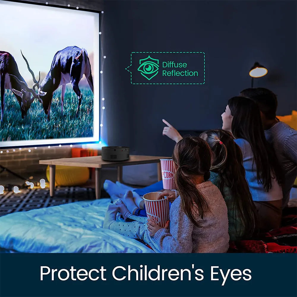 Black portable mini projector for children with mobile phone connectivity measuring 110mm x 110mm