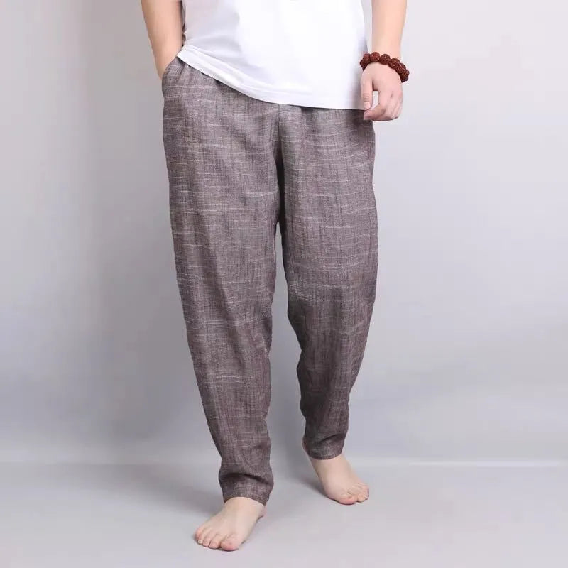 Men's retro linen harem pants solid colour elastic waist brown linen gray polyester fibre fabric